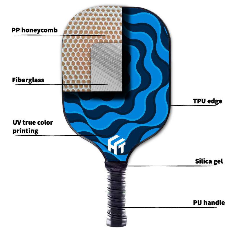 Sơ đồ cấu tạo vợt pickleball mặt sợi thủy tinh Fiberglass với lõi tổ ong PP, viền TPU và tay cầm PU